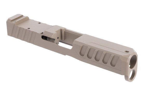 This FDE Cerakote slide is compatible with Glock 19 Gen 5 pistols.